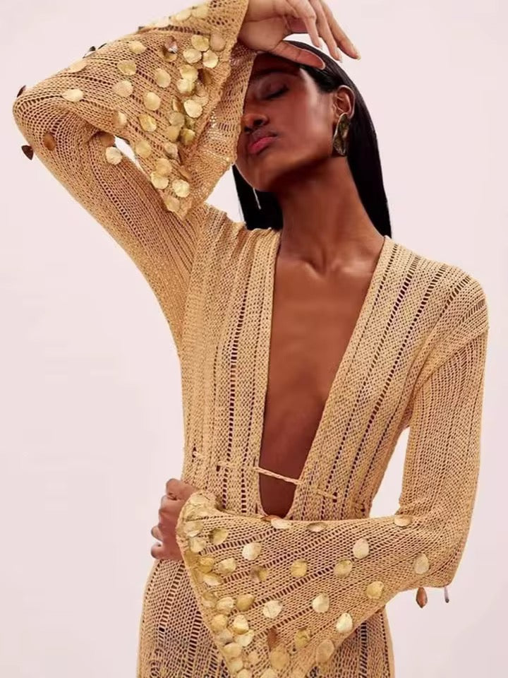 Sequin Elegant Solid Knitted Maxi Dress