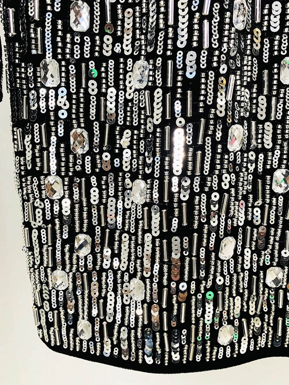 Long sleeved Diamond Sequin Beaded Tight Mini Dress - REBECATHELABEL