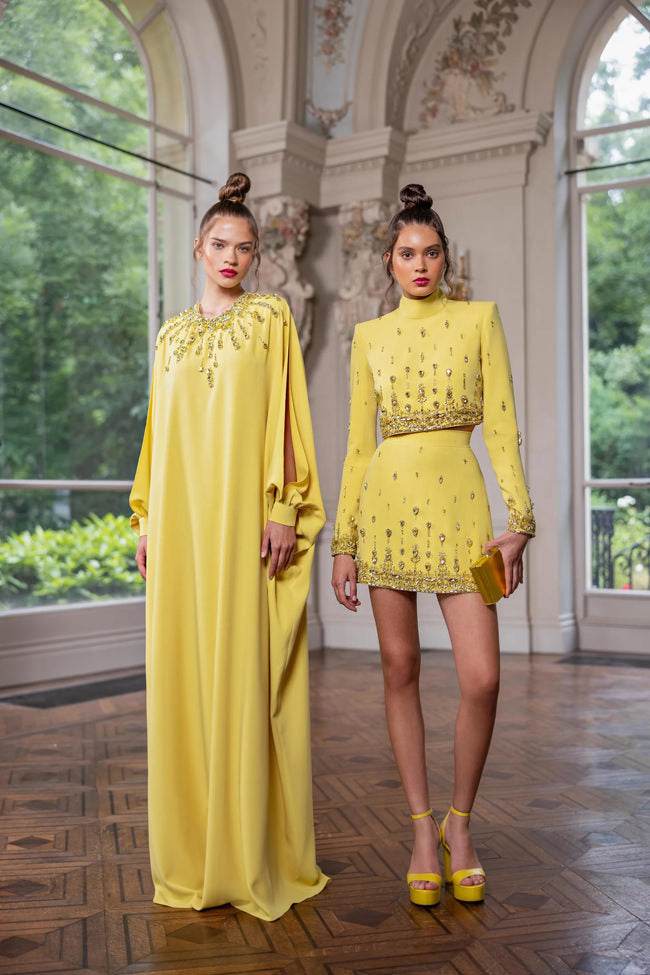 Diamond Beaded Short Top+Dress Yellow Two Piece Suit Set - REBECATHELABEL