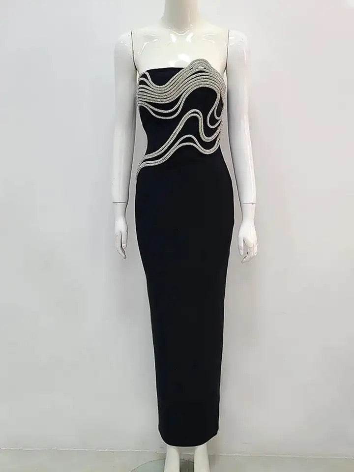 Diamond Decorated Black Sexy Strapless Long Bandage Dress - REBECATHELABEL