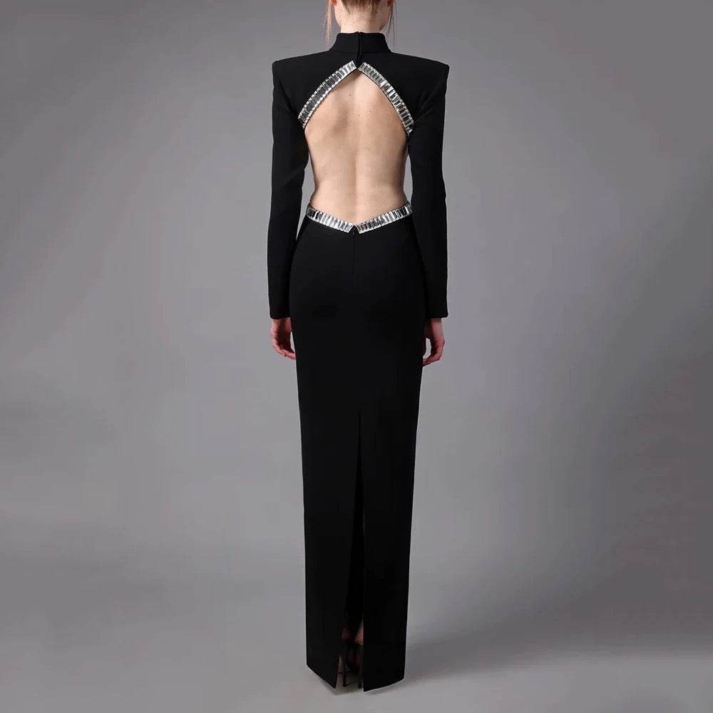 Diamond Hollow Sexy Long Sleeve Backless Long Bandage Dress - REBECATHELABEL