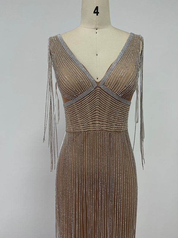 Diamonds Fringed V Neck Bodycon Mini Glitter Sparky dress - REBECATHELABEL