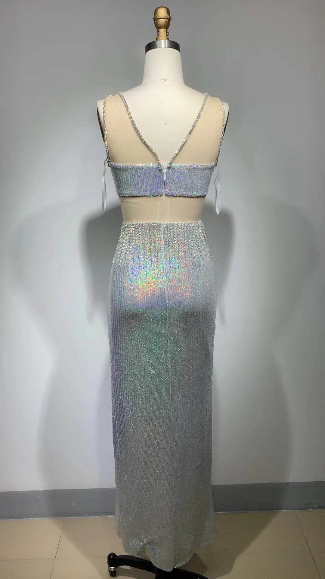 Diamonds Sparkly Backless Mesh Sequins White Maxi Long Bodycon dress - REBECATHELABEL