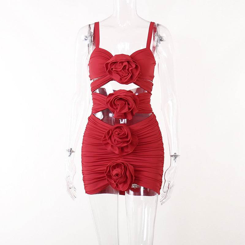 Dimensional Floral Lace Up Cutout Skirt Sets - REBECATHELABEL