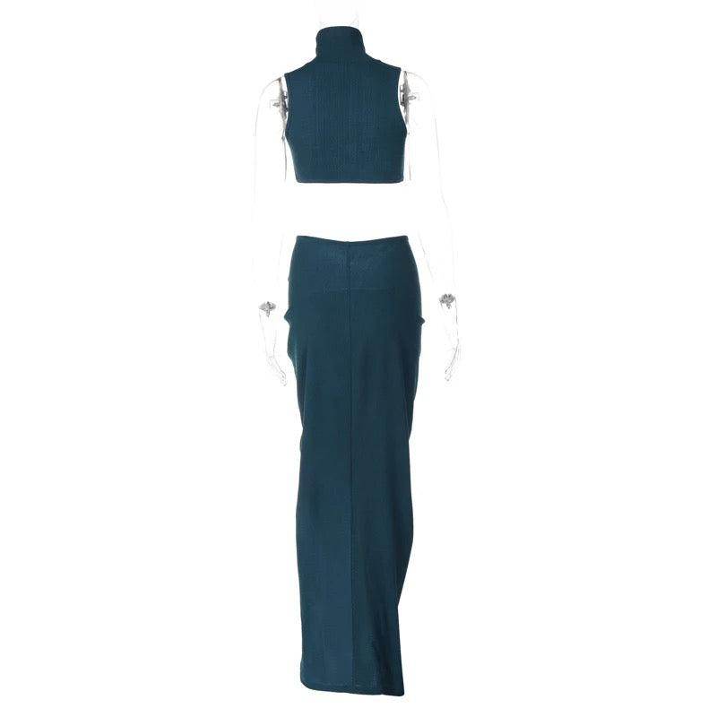 Donella High Neck Split Skirt Set In Teal - REBECATHELABEL
