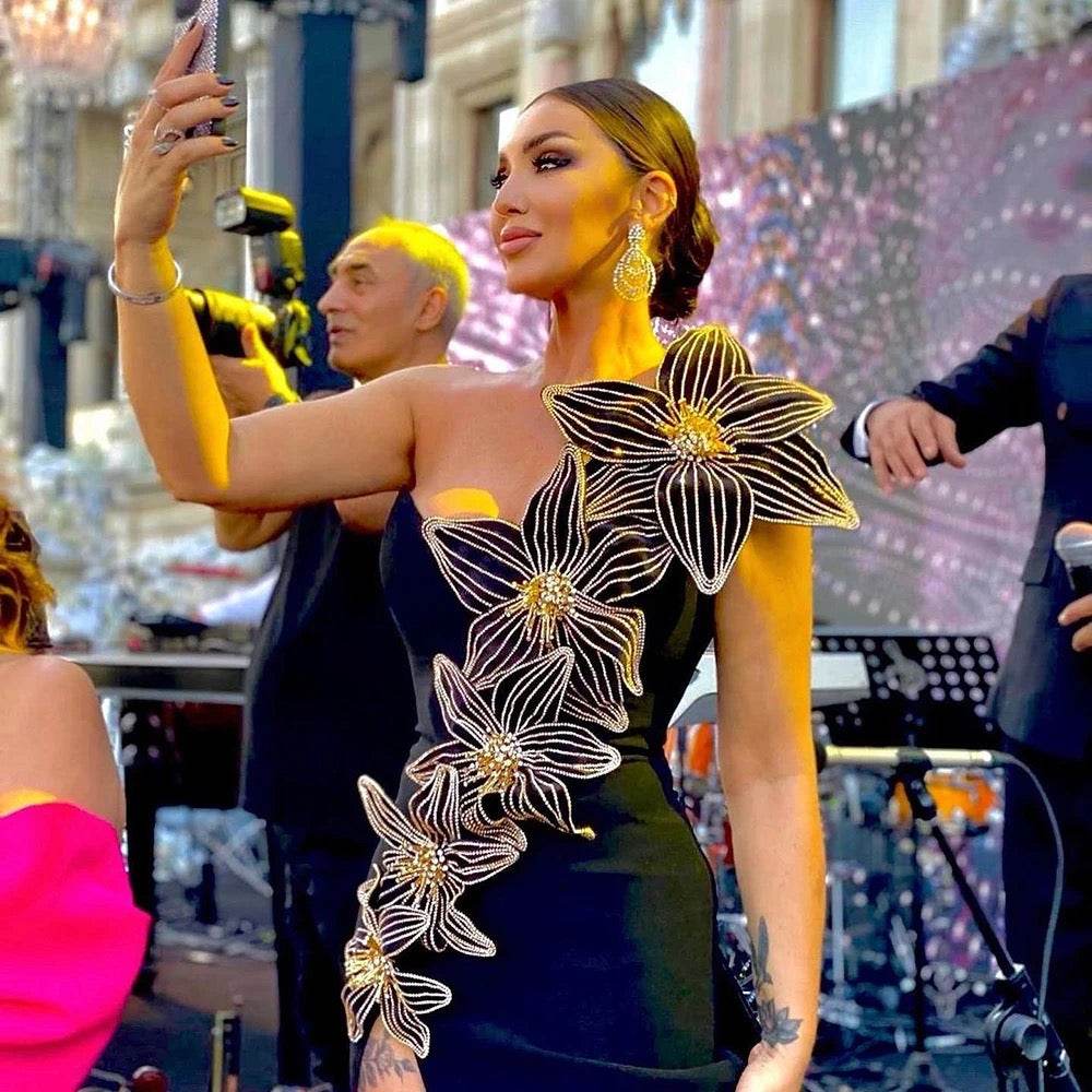 One Shoulder Diamond Flower Maxi dress - REBECATHELABEL