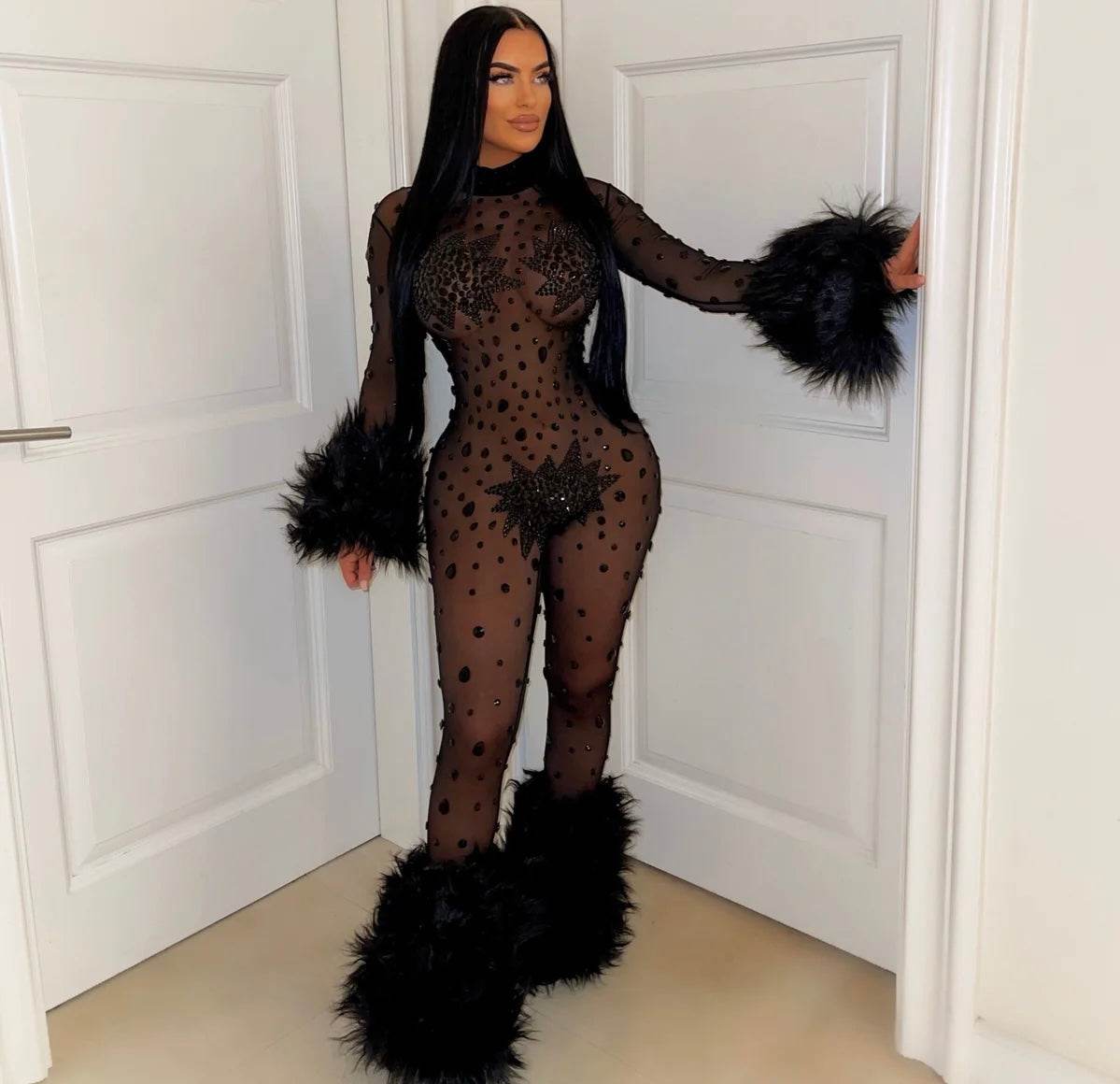 Caro crystal fur jumpsuit - REBECATHELABEL