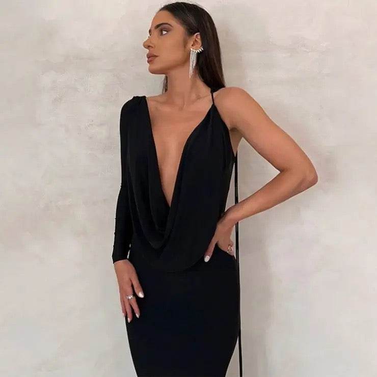 One Shoulder Backless Maxi Dress In Black - REBECATHELABEL