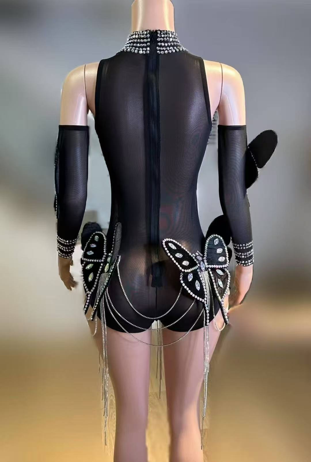 Sparkly Rhinestones Chain Butterfly Tight Bodysuit With Sleeves