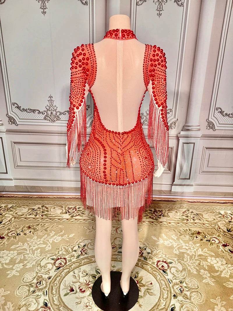 Rhinestone Fringe Mesh Dress - REBECATHELABEL