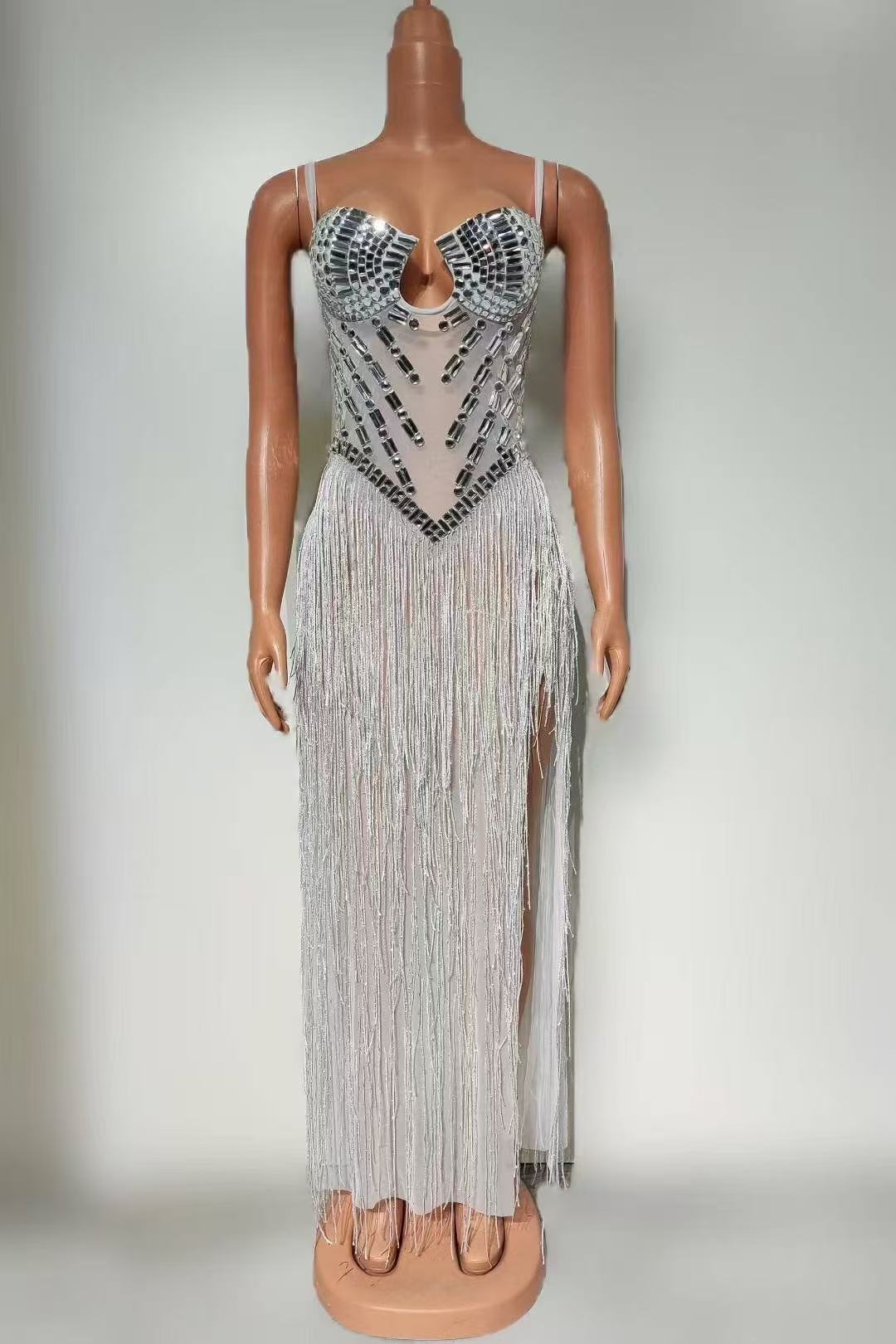 Strapless Rhinestone Tassel High Long Dress