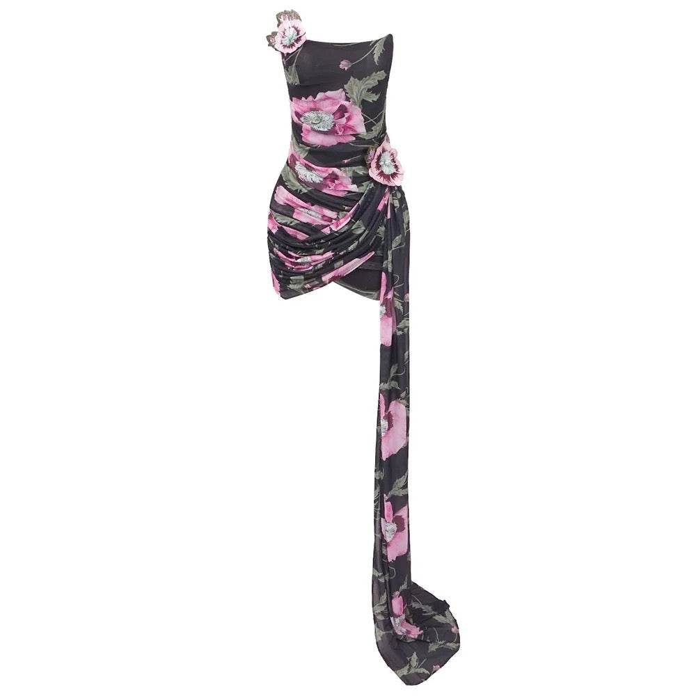 3D Flower Print Strapless Hanging Mesh Sexy Tight Mini Dress - REBECATHELABEL