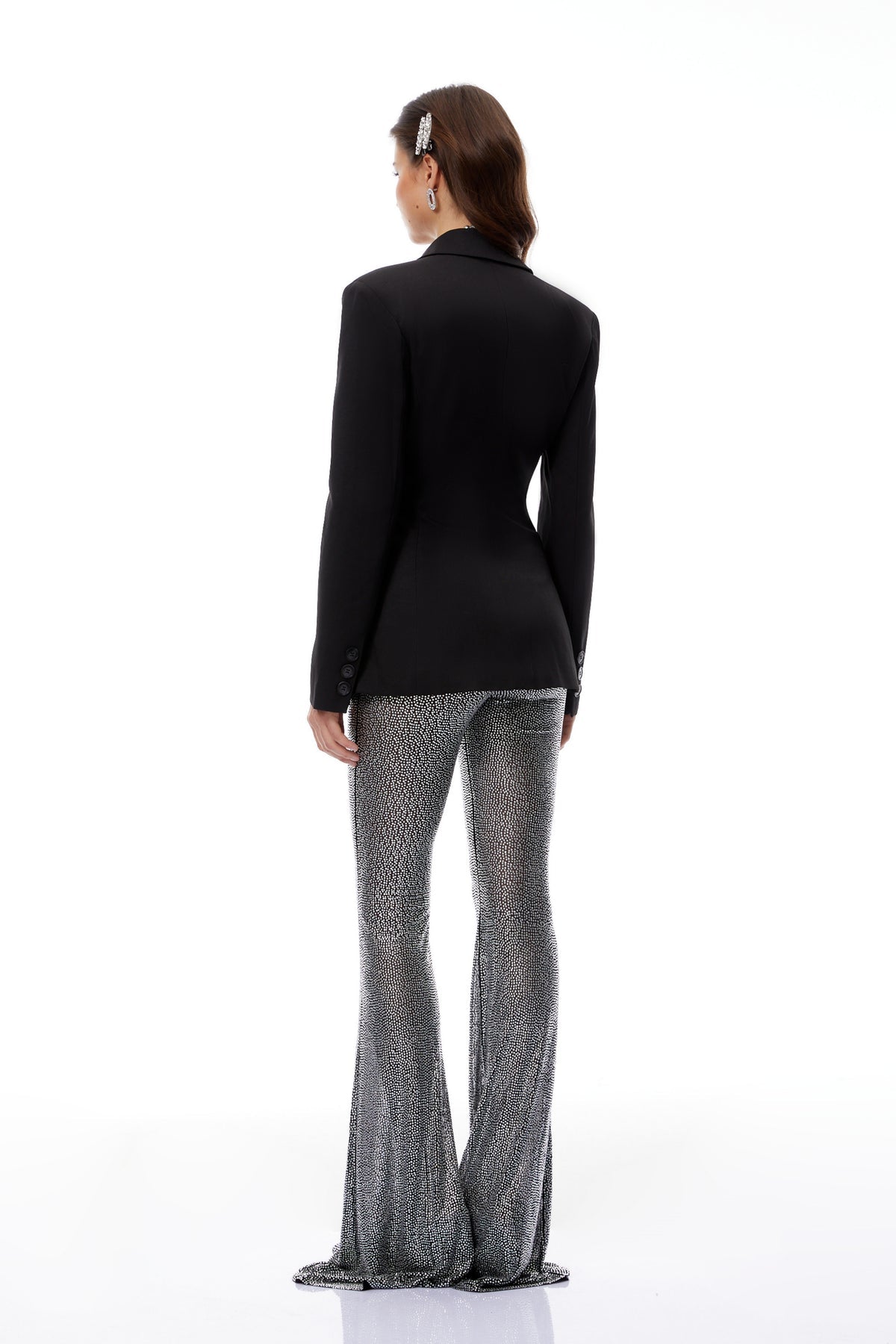 Black Double-Breasted Blazer & Rhinestone Trousers Set
