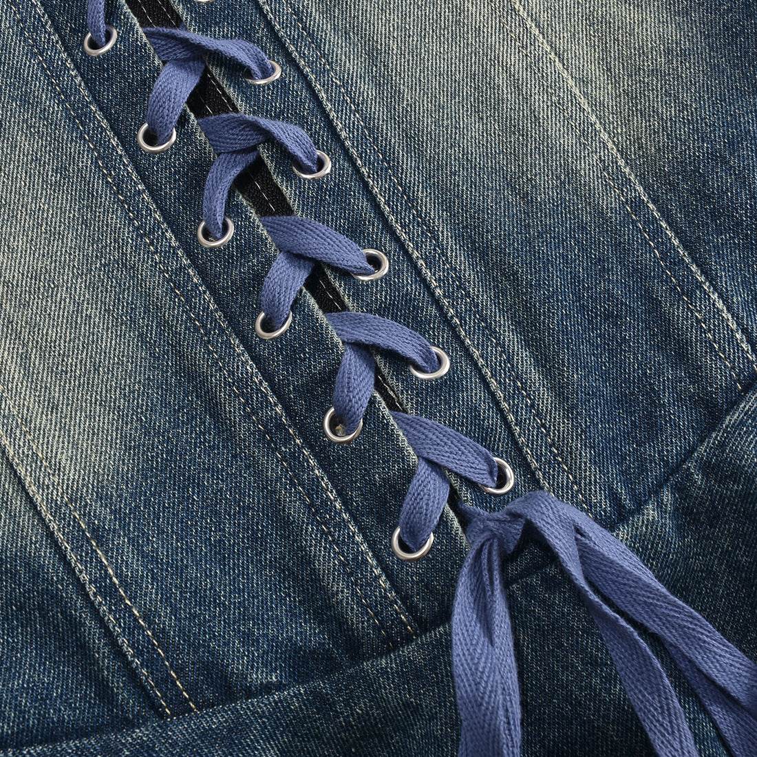 Zipper Lace up Bandeau Sexy Sexy Denim Flounced Dress - REBECATHELABEL