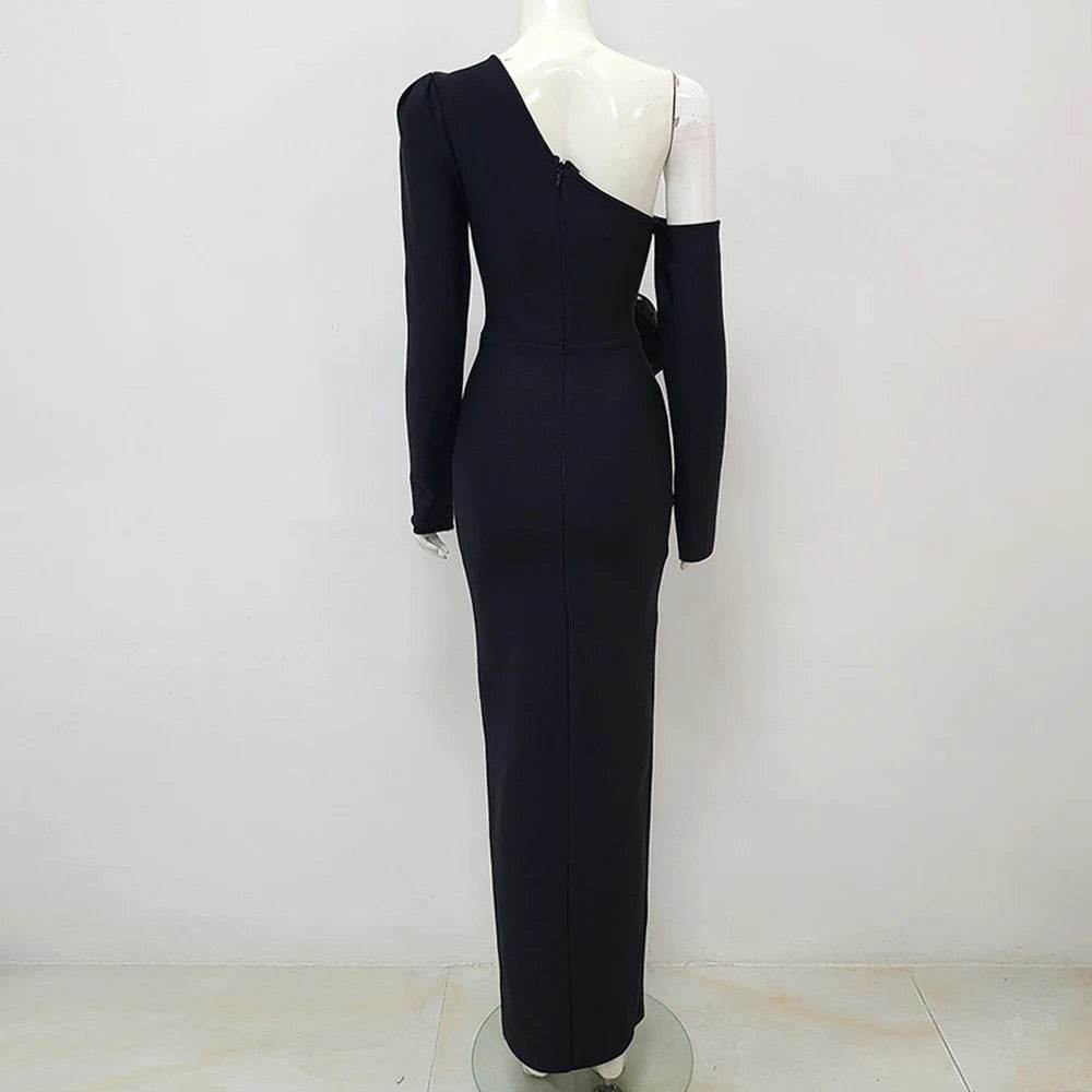 One Shoulder 3D Diamond Flower Split Long Bandage Dress - REBECATHELABEL