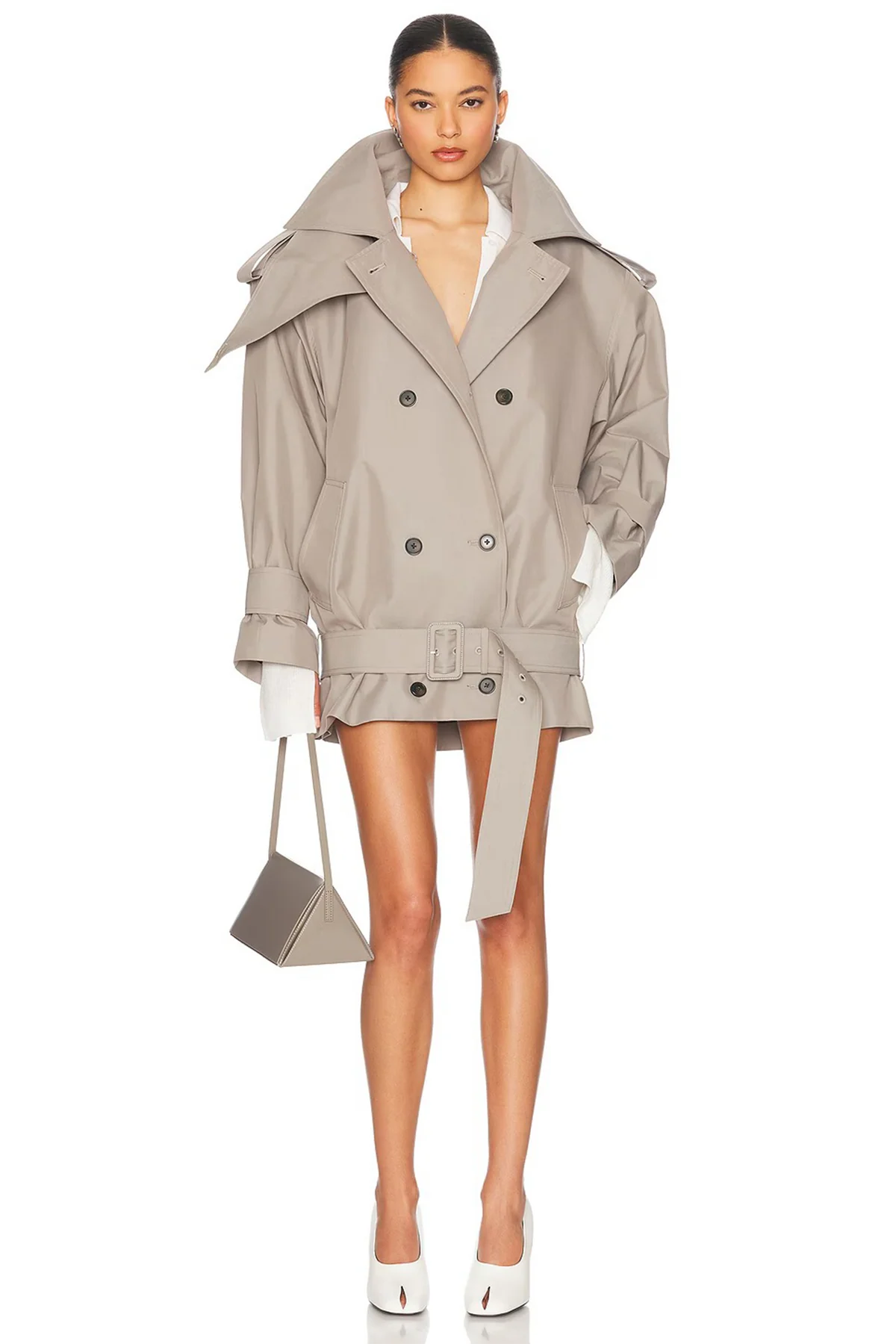 Grey Double-Breasted Belted Trench Coat