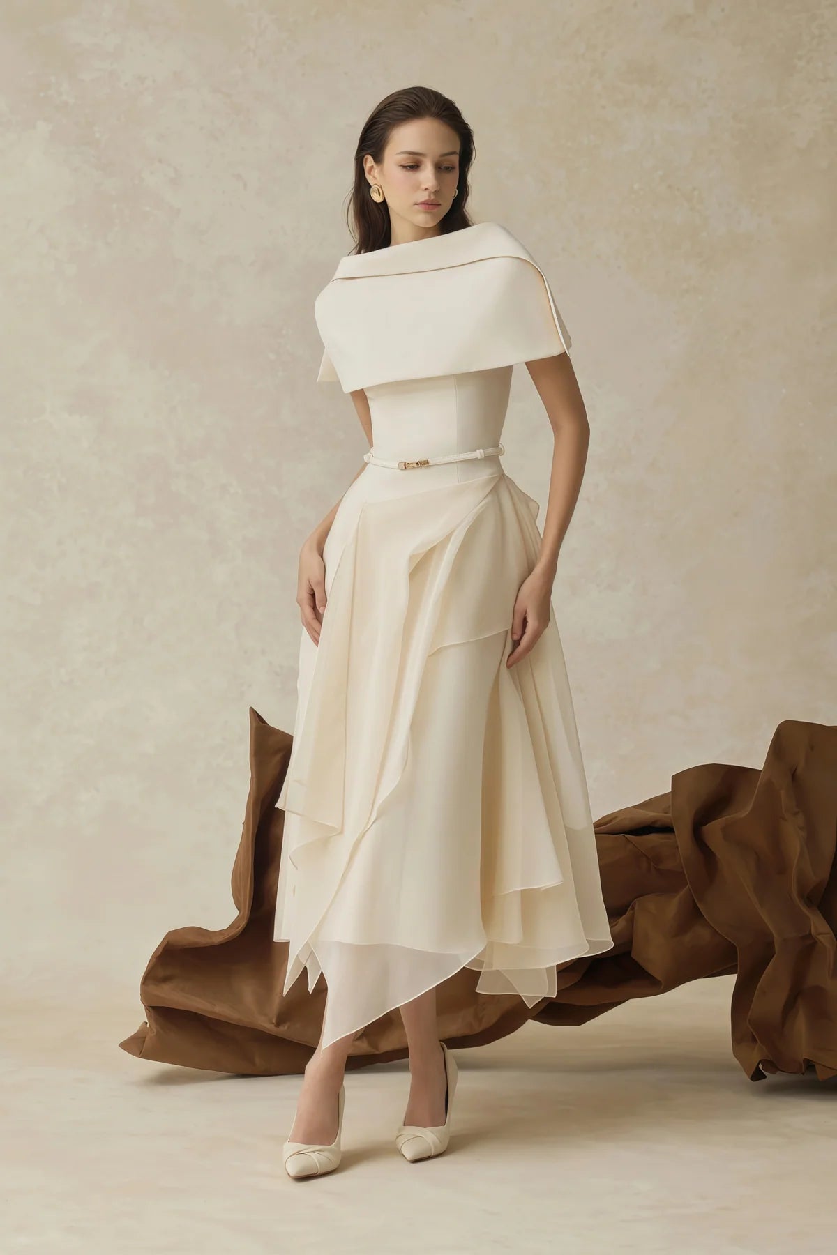 White Asymmetrical Shawl & Tulle Panel Dress Set