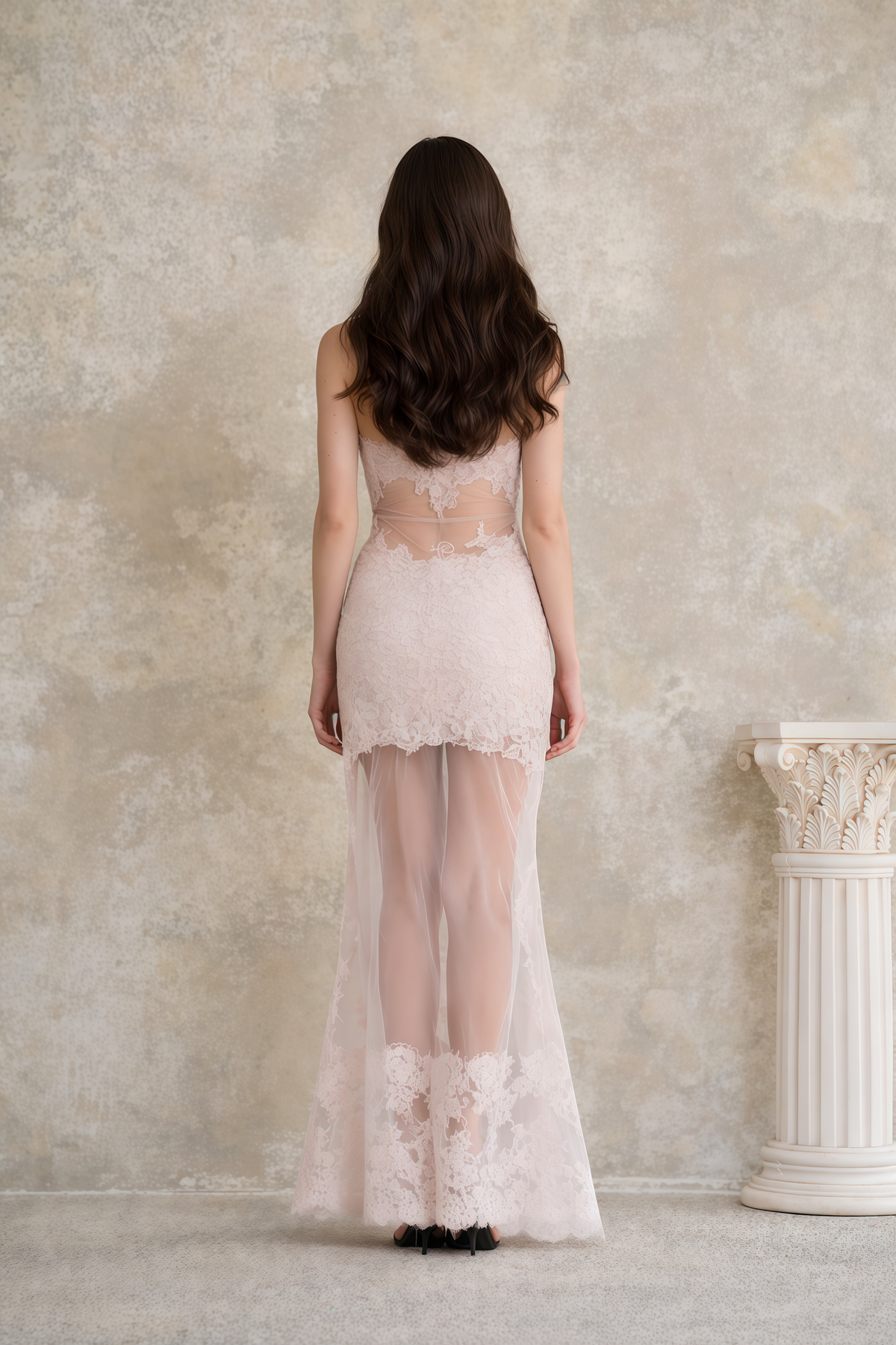 Pink Semi-Sheer Floral Lace Maxi Dress