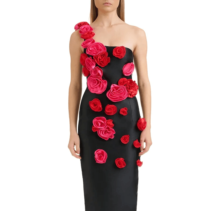 One Shoulder Sleeveless 3D Flower Tight Midi Bandage Dress - REBECATHELABEL