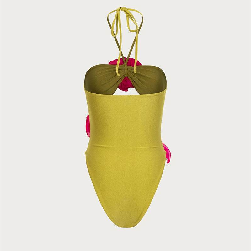 Halter Tether Three Dimensional Floral One Piece Swimsuit - REBECATHELABEL