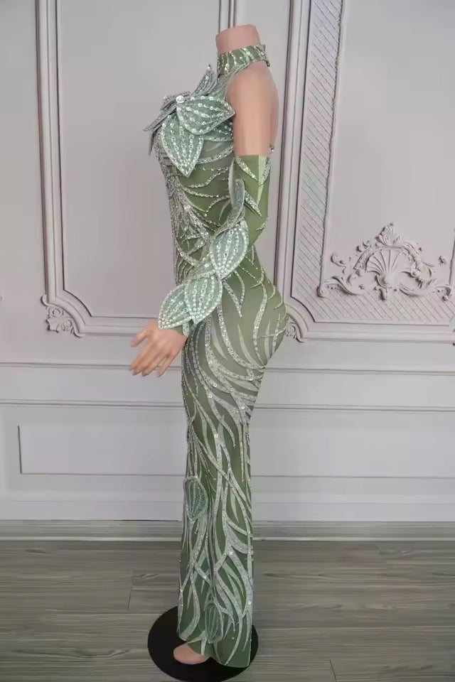 Leaf Dress Rhinestone Long Dress With Gloves