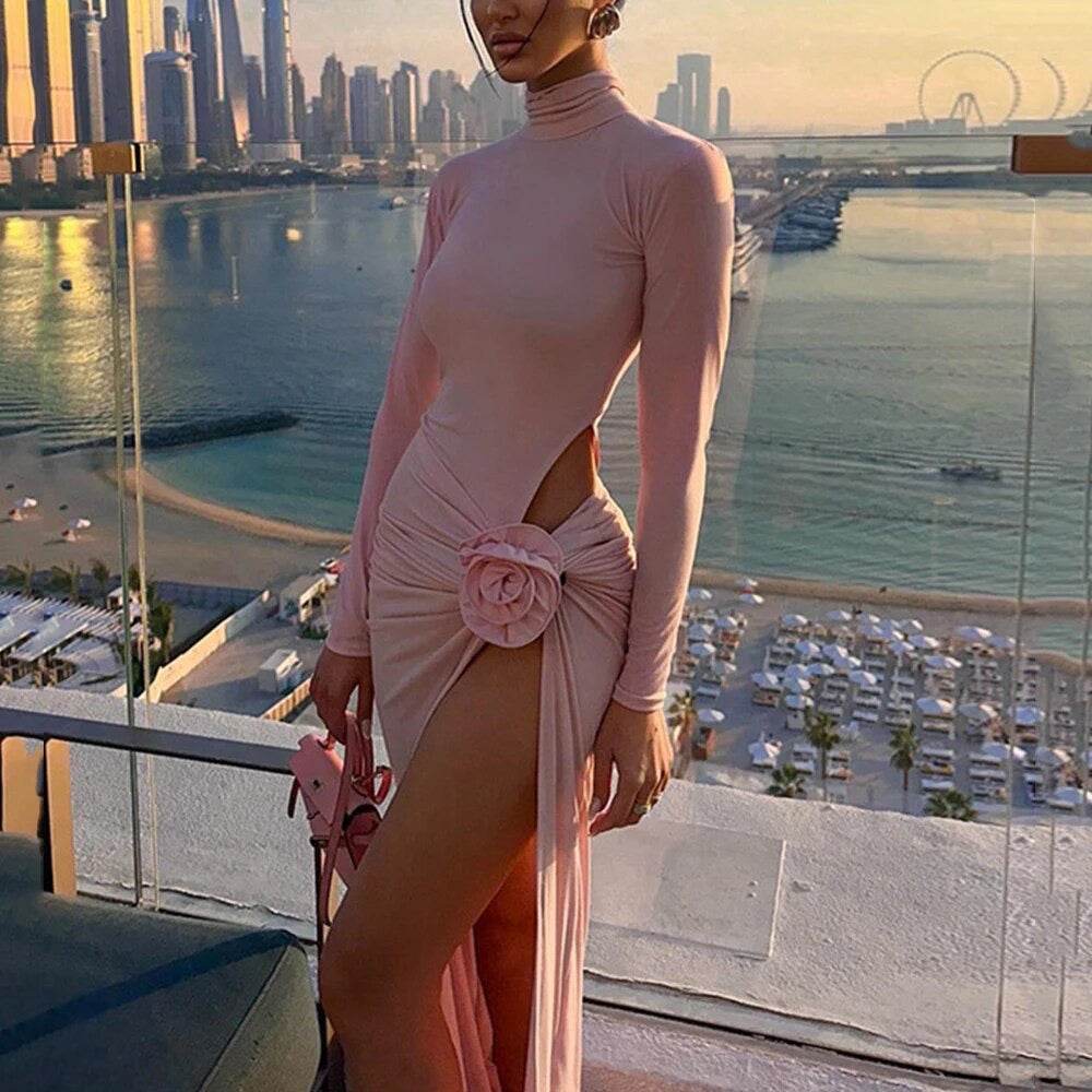 Long sleeved Flower Draped Hollow Tight Long Split Dress - REBECATHELABEL