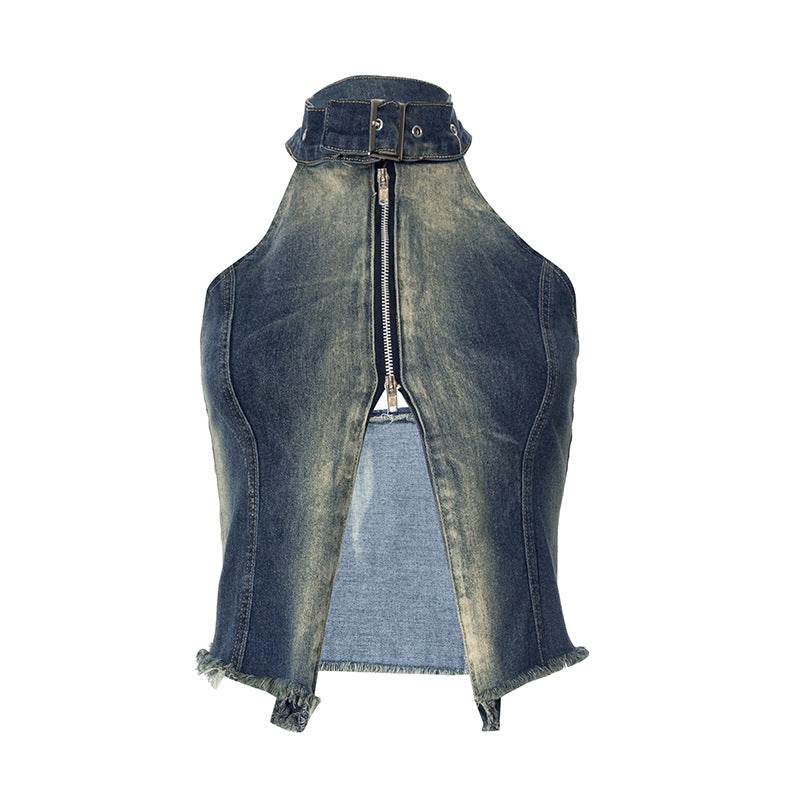 Sleeveless Halter Backless Top Washed Worn Denim - REBECATHELABEL