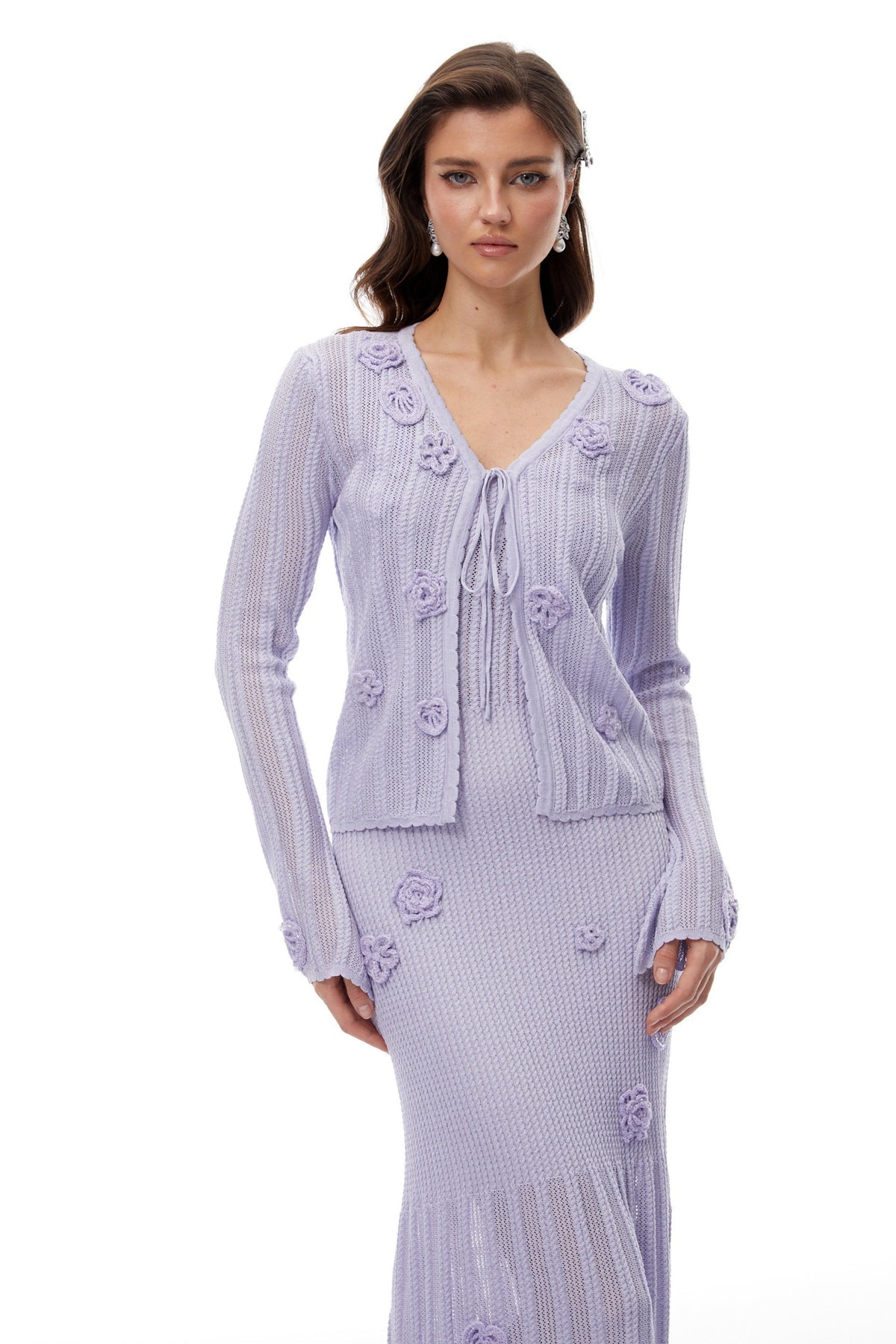Lavender Floral Ribbed Knit Cardigan & Dress Set