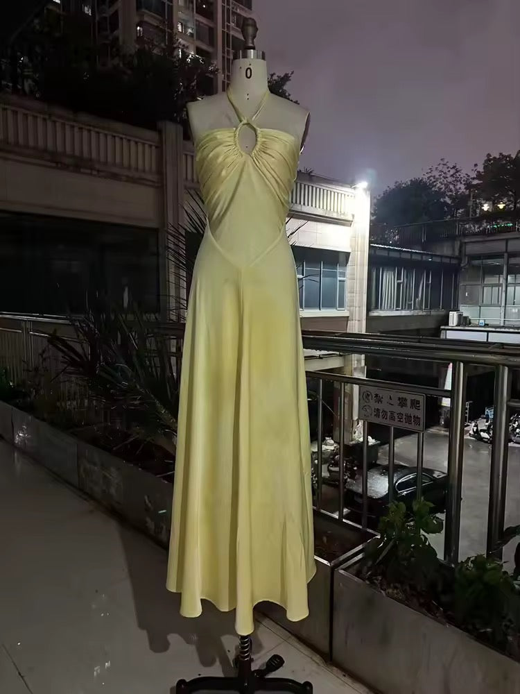 Yellow Sleeveless Halter Neck Backless Slim Long Dress