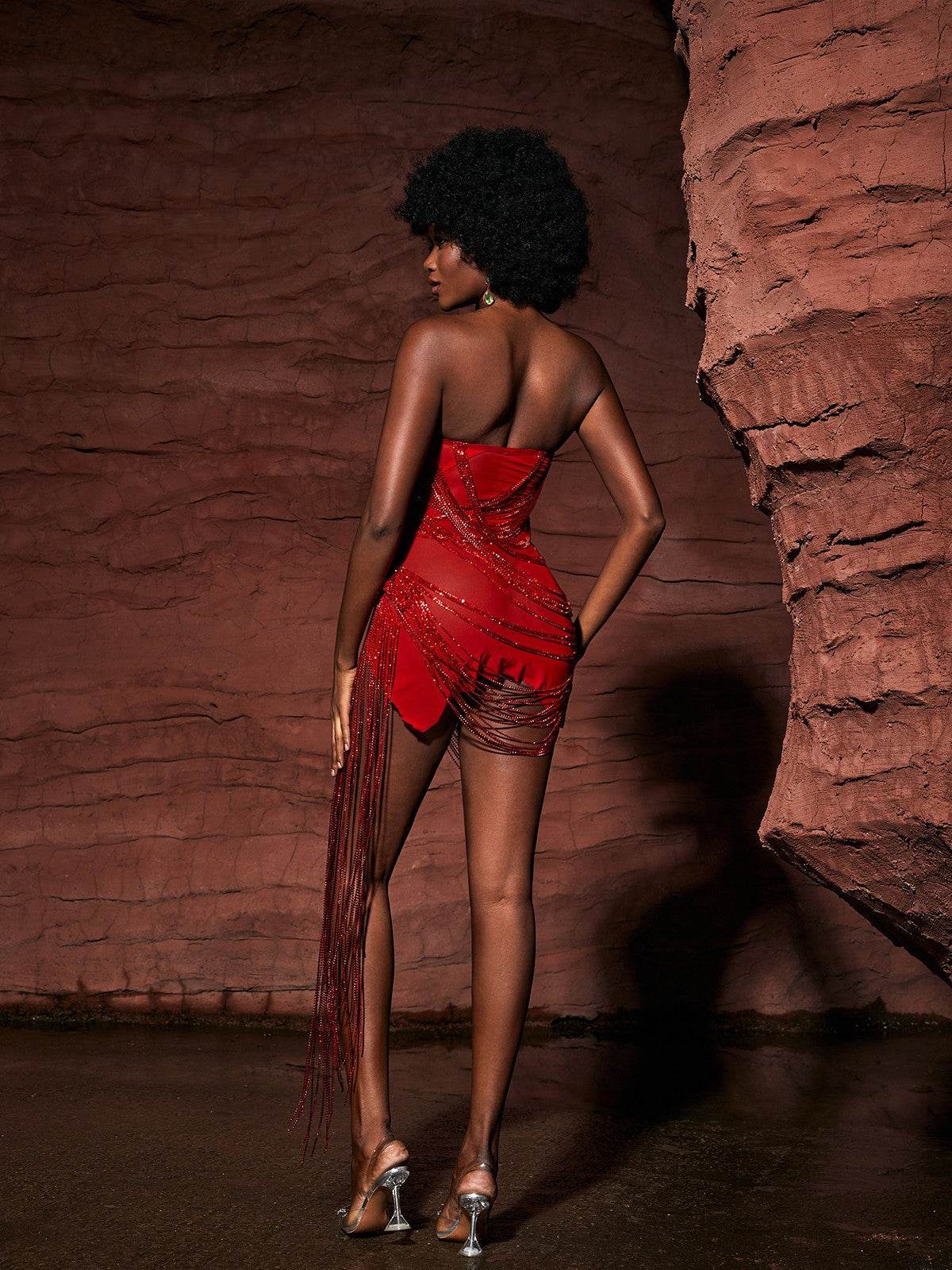 Embellished Diamond Chain Dress In Red - REBECATHELABEL