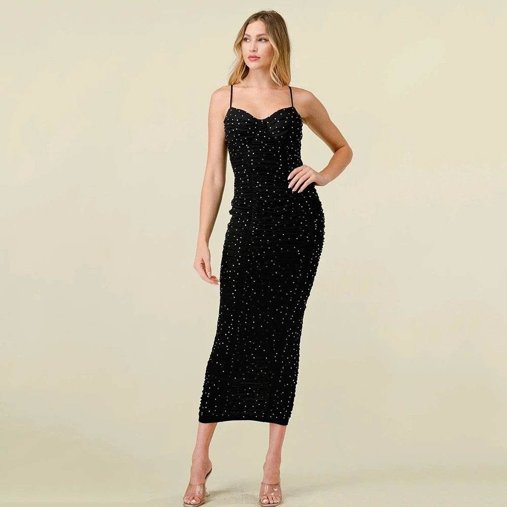 V-neck Sleeveless Pleated Diamante Midi Bandage Dress - REBECATHELABEL