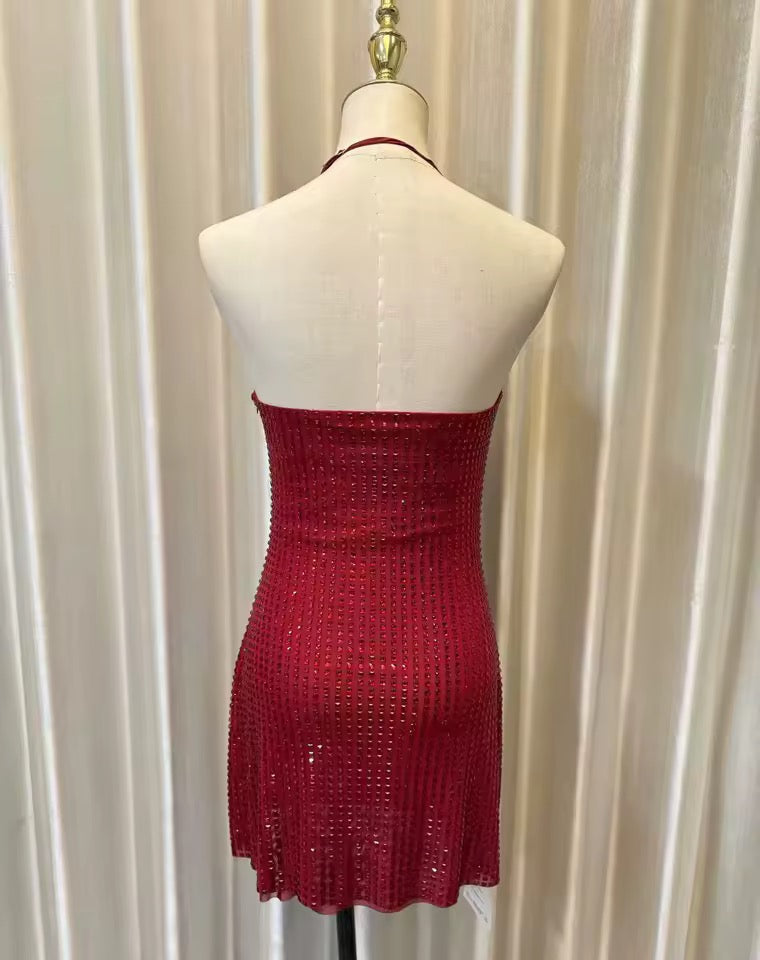 Halterneck Diamond Mini Dress In Red