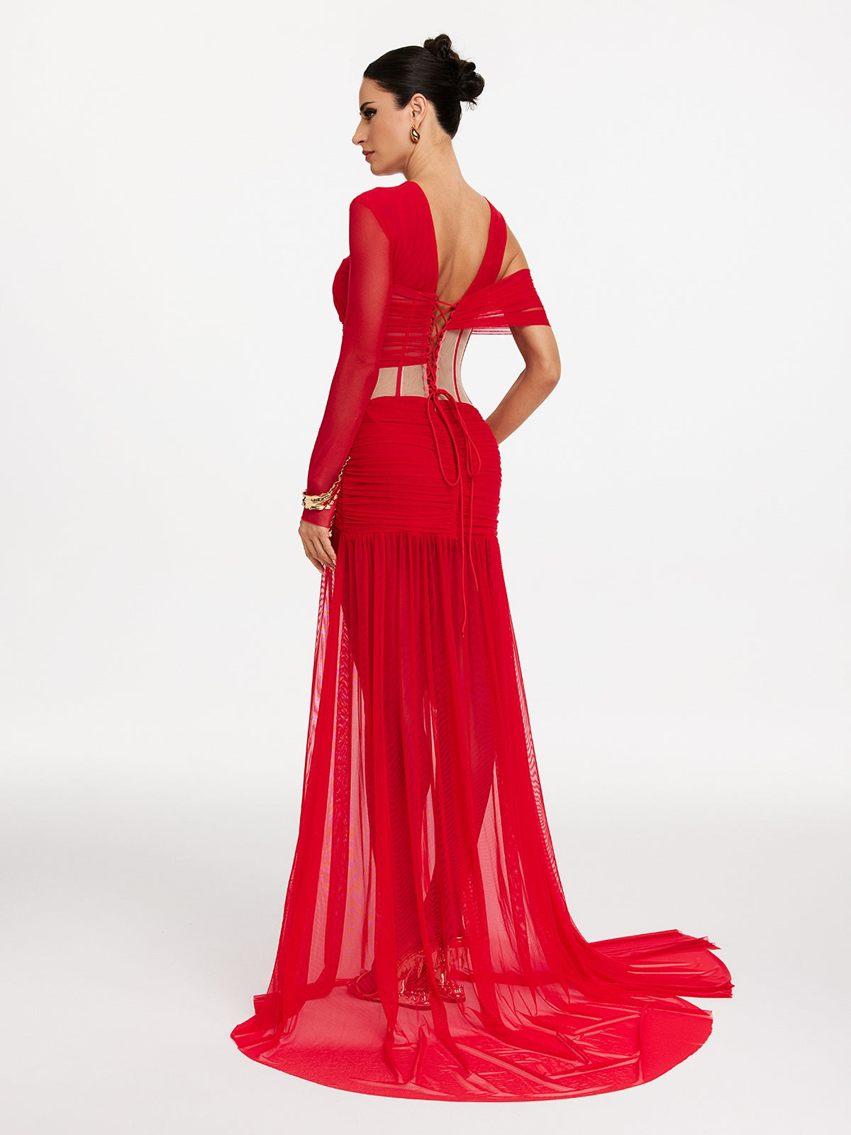 Corset Cutout Mesh Maxi Dress In Red
