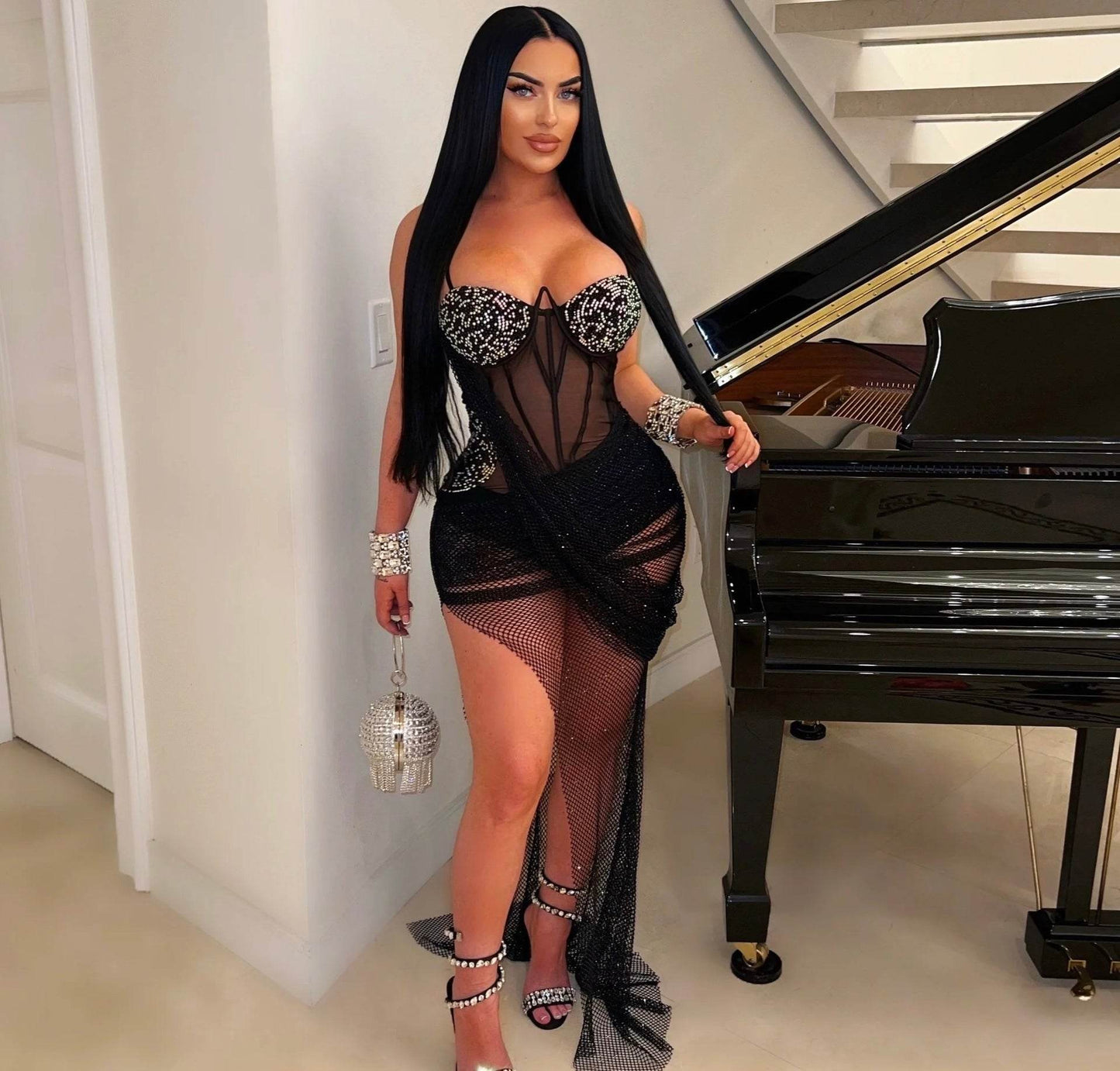 Mesh Corset Crystal Sleeveless Ruched Slit Sequin Party Dress - REBECATHELABEL