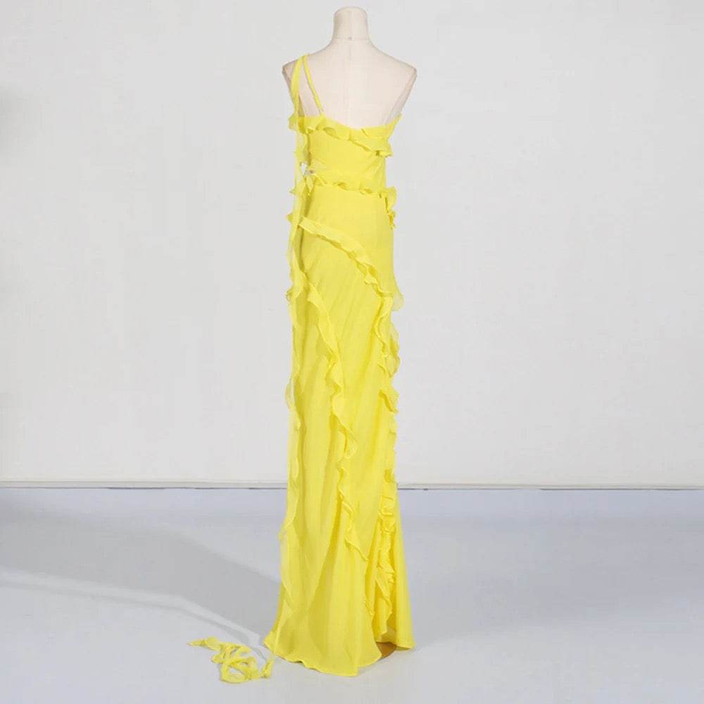 Yellow Sexy Asymmetric Maxi Dress with Ruffle Edge - REBECATHELABEL