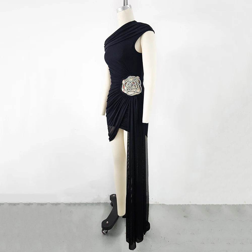 Off Shoulder Dropped Diamond Hollow Knitted Asymmetric dress - REBECATHELABEL