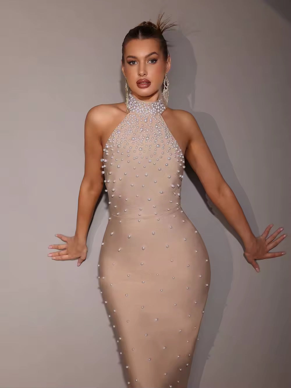Halter Pearl Beads Bodycon Bandage Maxi Dress