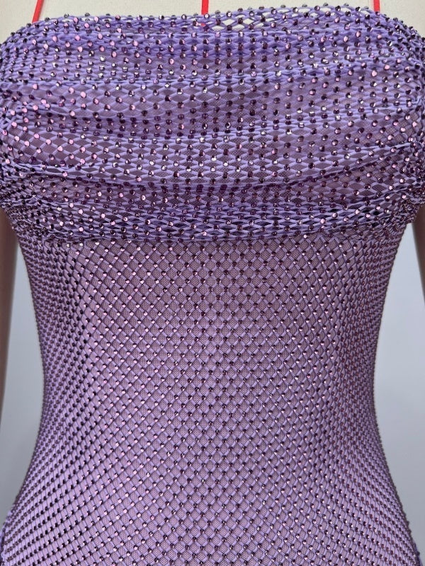 Rhinestones Fishnet Purple Strapless Pleated Backless Asymmetrical Mini dress