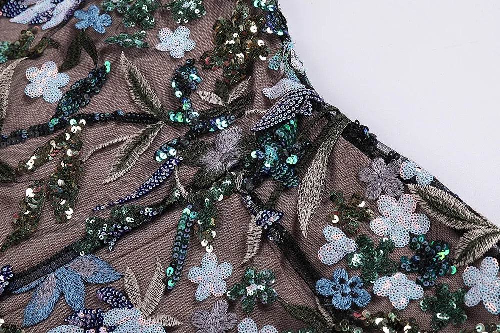 Sequin Flower One Shoulder Tight Split Long Dress - REBECATHELABEL