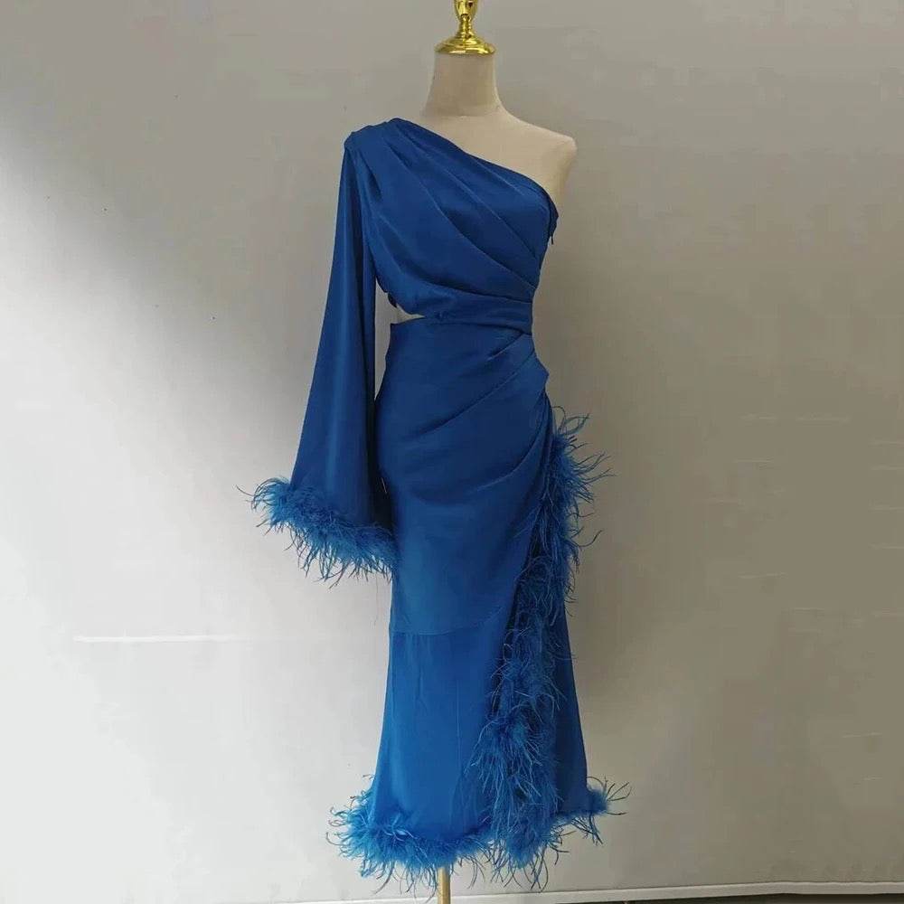 Feather Edge Sexy One Shoulder Hollow Pleated Long Dress - REBECATHELABEL