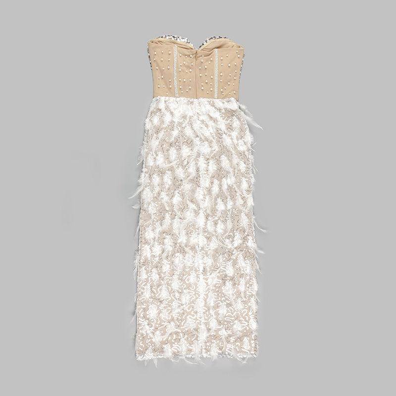 Feather Pearl Beading Ankle Length Dress - REBECATHELABEL