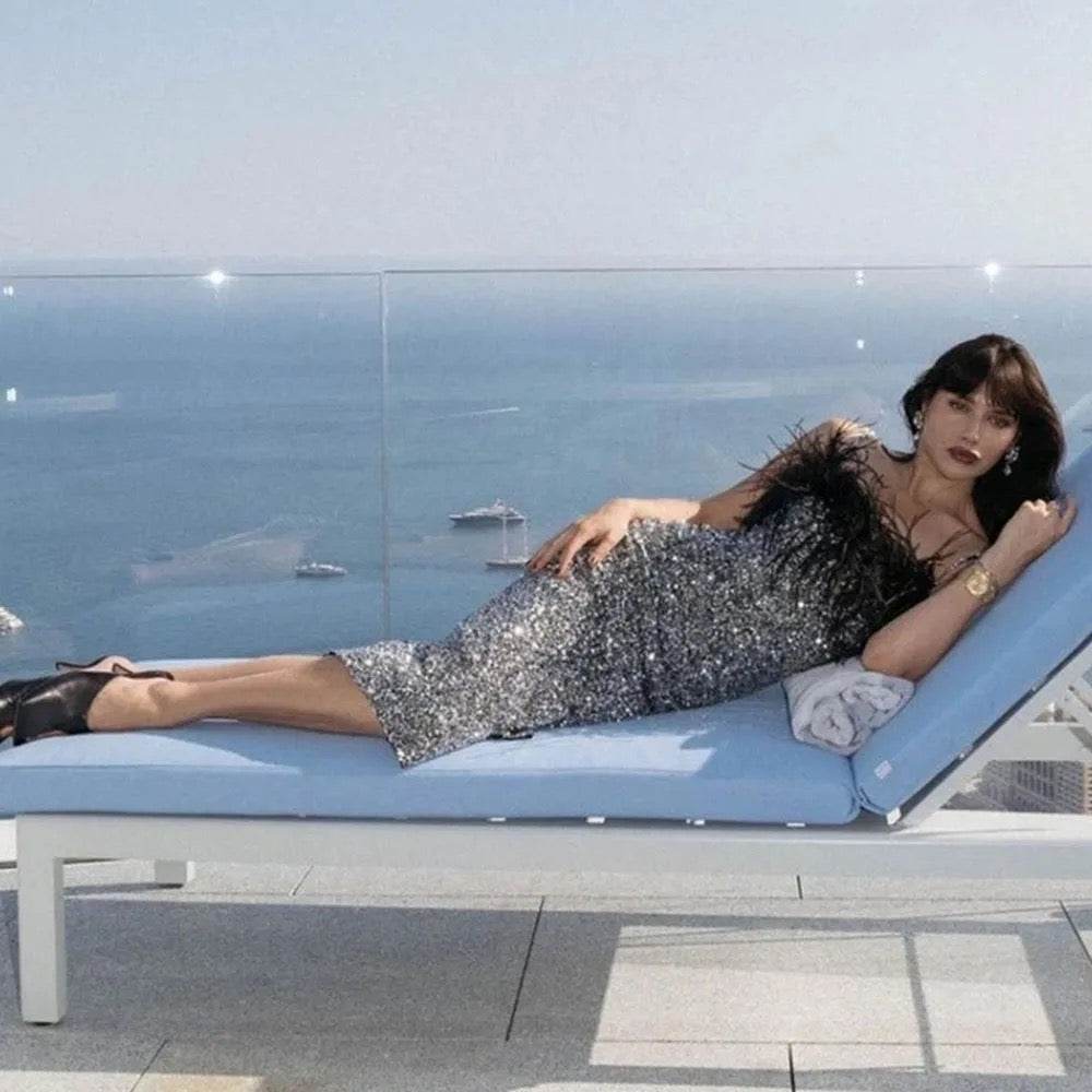 Feather Sequin Diamond Chain Strap Silver dress - REBECATHELABEL