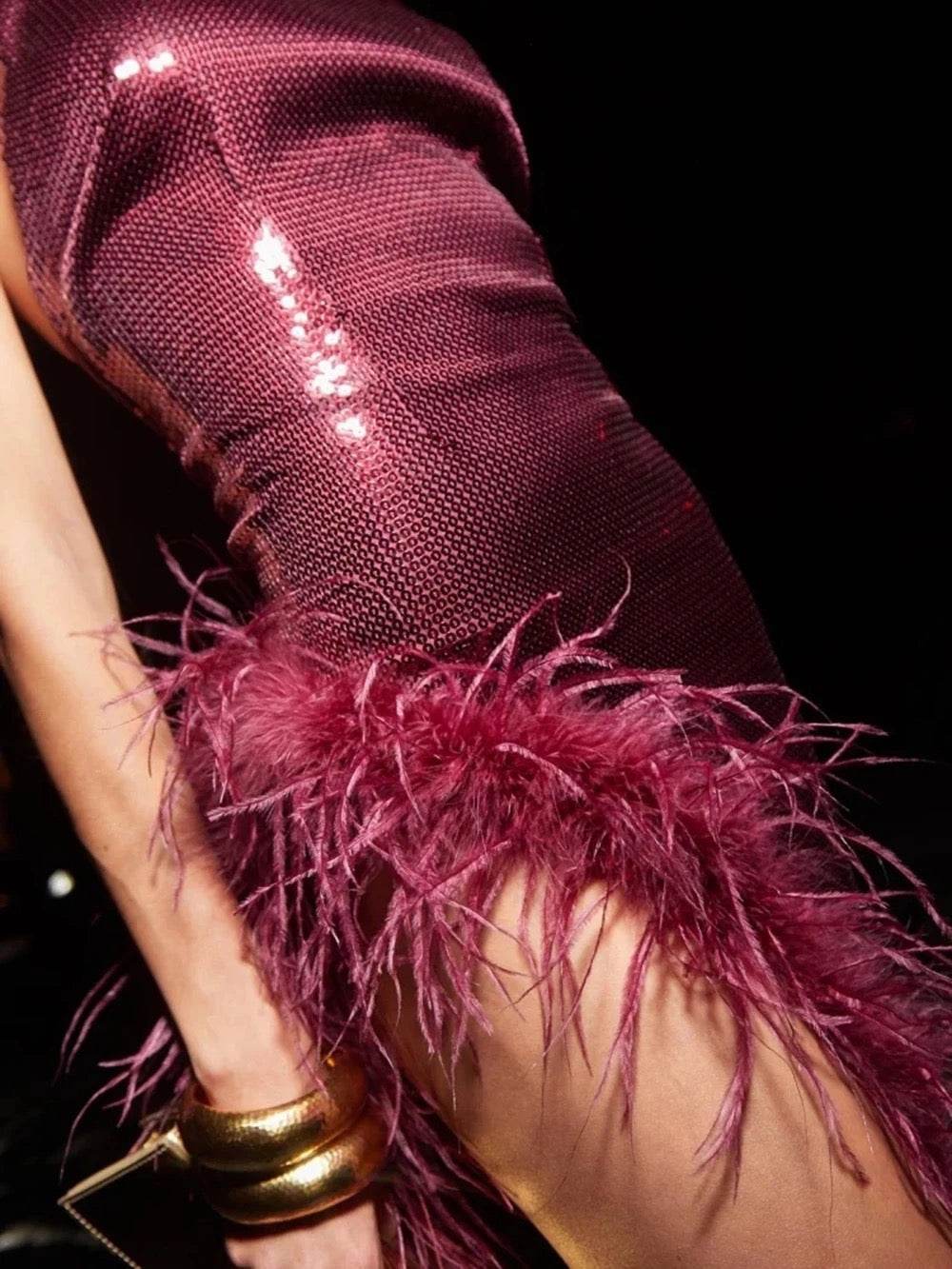 Feather Sequins Wine Red Sleeveless Backless High Split Maix Dress - REBECATHELABEL