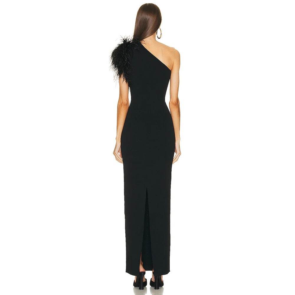 Feather Sexy One Shoulder Sleeveless Tight Maxi Long Bandage Dress - REBECATHELABEL