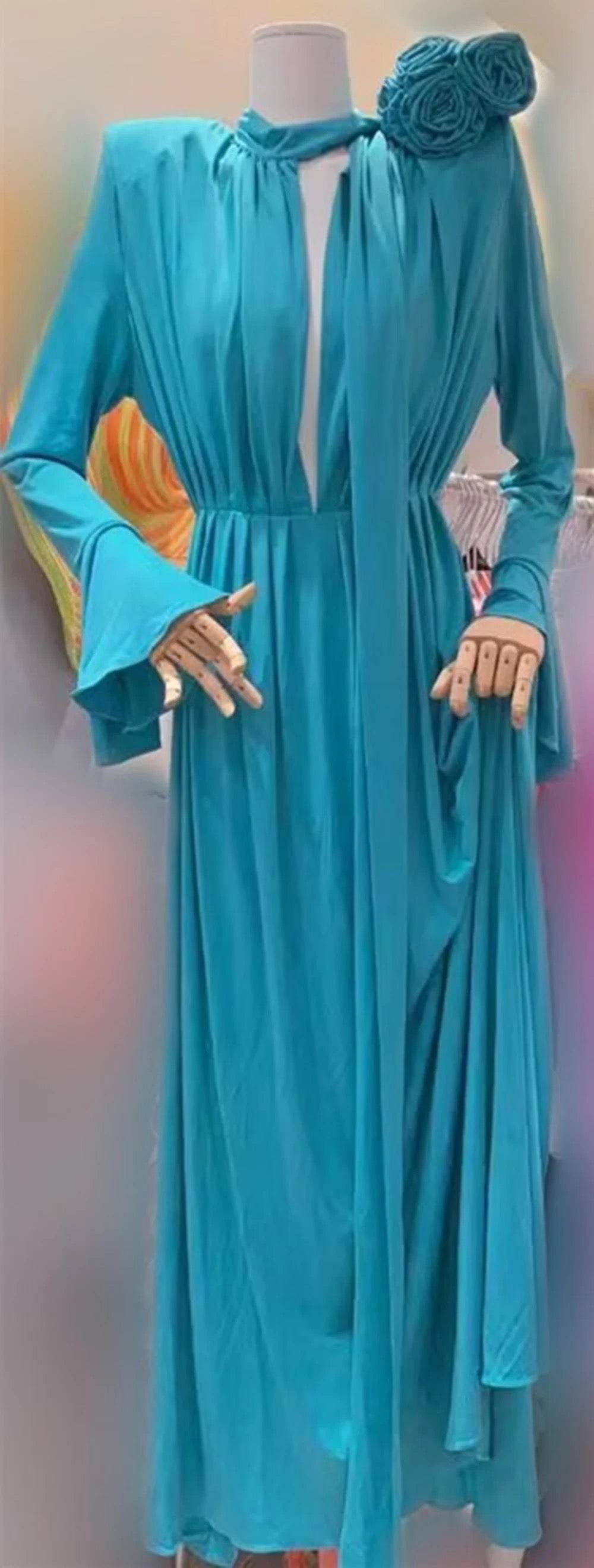 Flower Long Sleeve Sexy Pleated High Split Long Dress - REBECATHELABEL