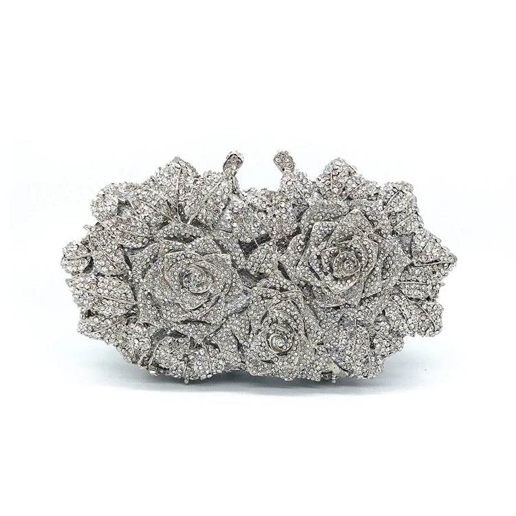 Flower Rhinestone Embellished Clutch In Silver - REBECATHELABEL
