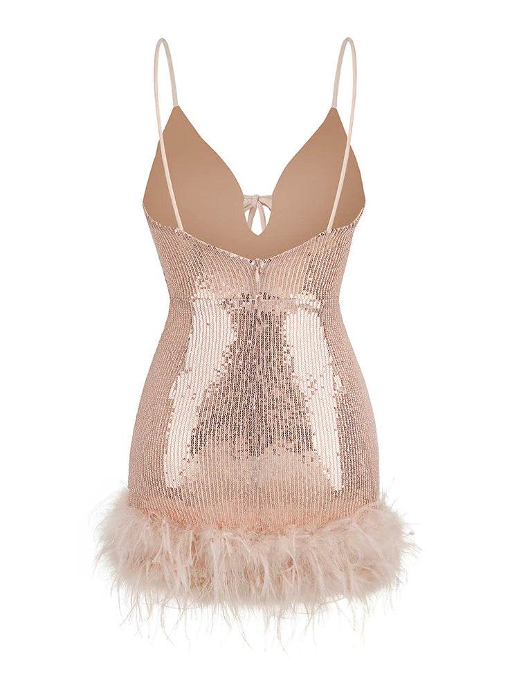 Halter Sequin Feather Mini Dress - REBECATHELABEL