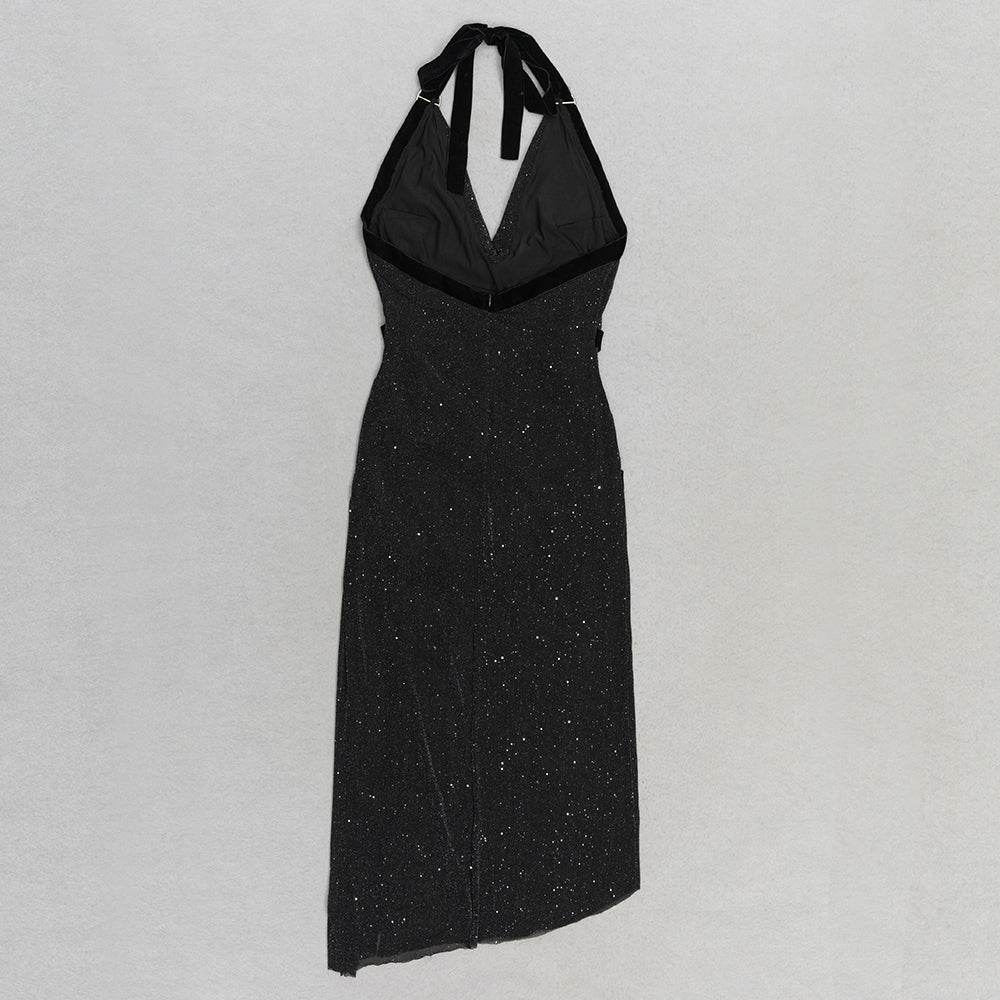 Hanging Neck Sparkling Sequined Long Dress - REBECATHELABEL