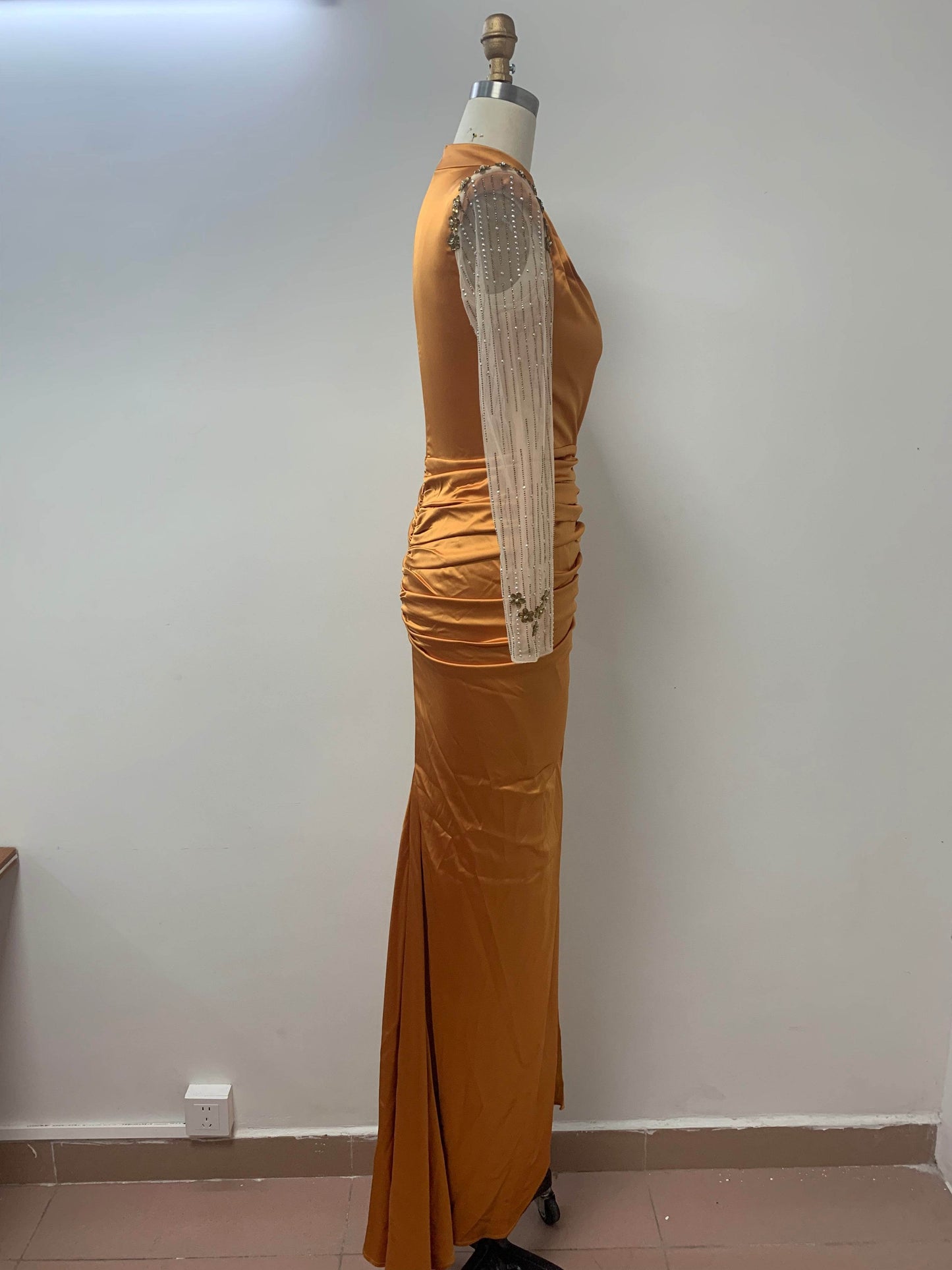 High Collar Lace Pearl Long Sleeve Pleated Slit Slim Dress - REBECATHELABEL