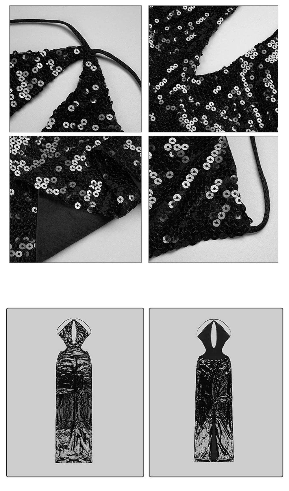 Hollow Back Black Sequin Long Dress - REBECATHELABEL